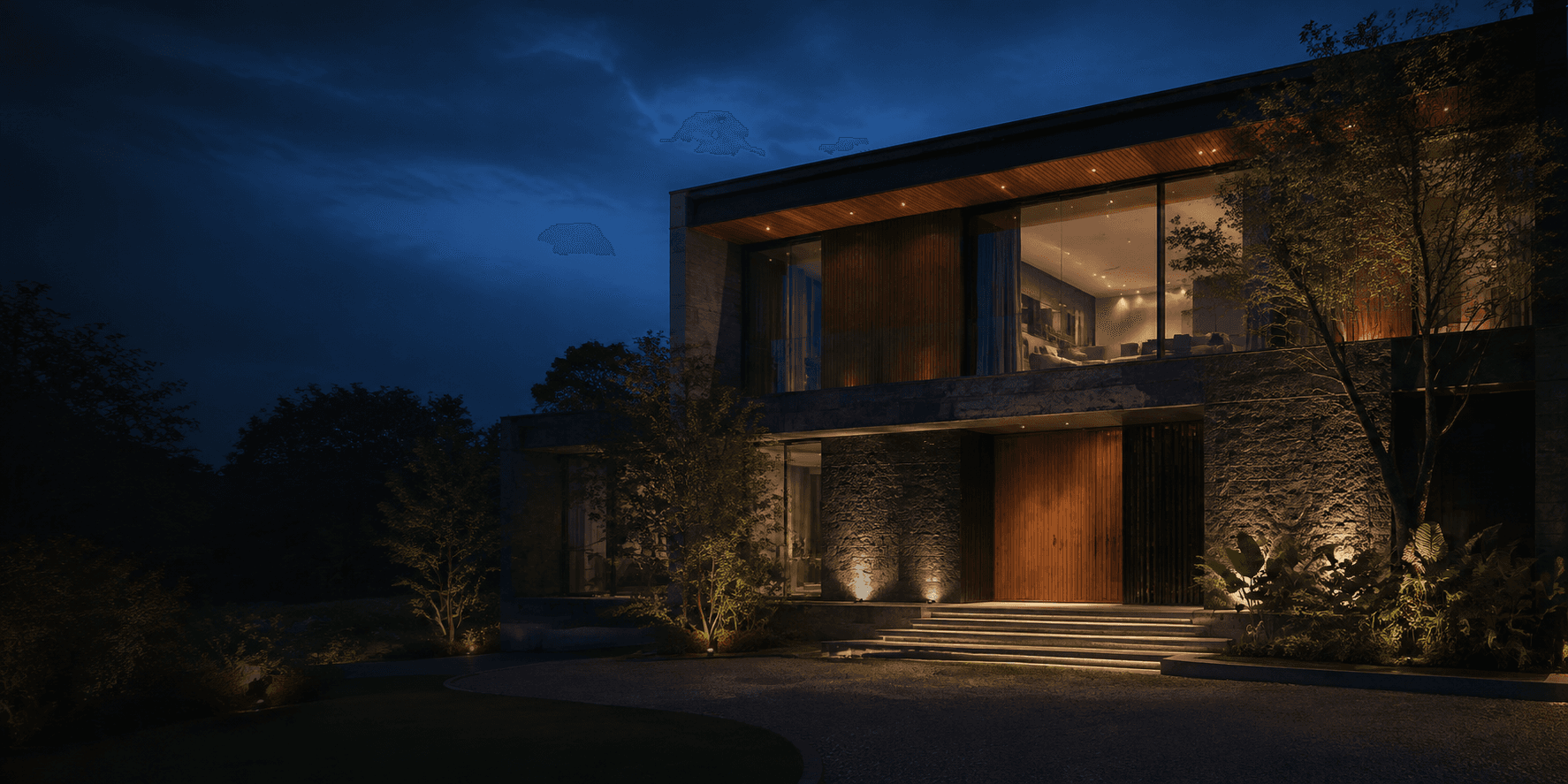 Casa contemporânea iluminada ao entardecer